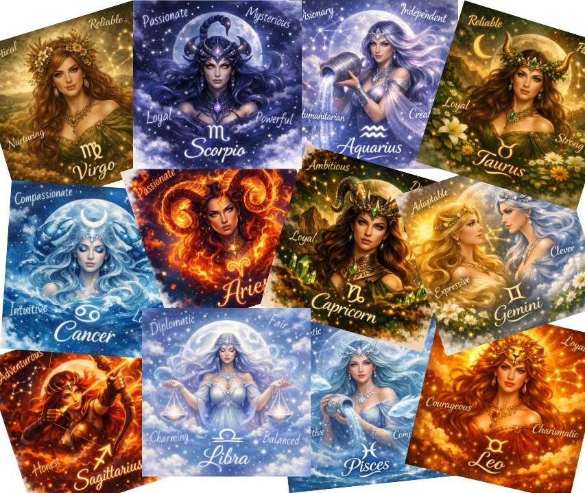 12-piece zodiac illustrated sticker sheet
